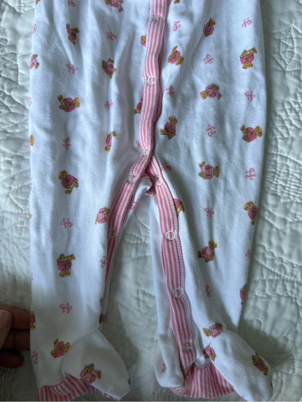 Polo by Ralph Lauren White Footed Coverall with Pink Trim and Bear Print